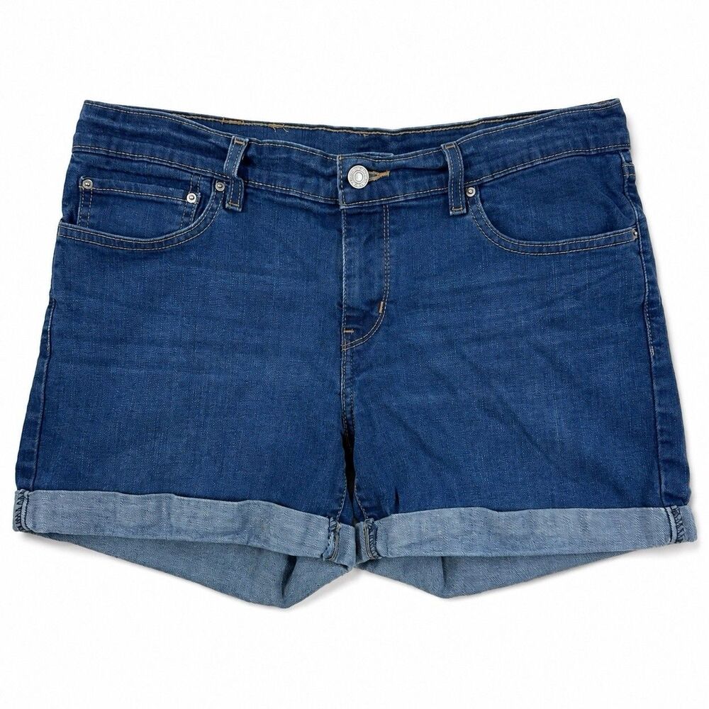 Levis Womens Size 32 Denim Jean Shorts Blue Cuffed Hem Stretch Classic 5 Pocket